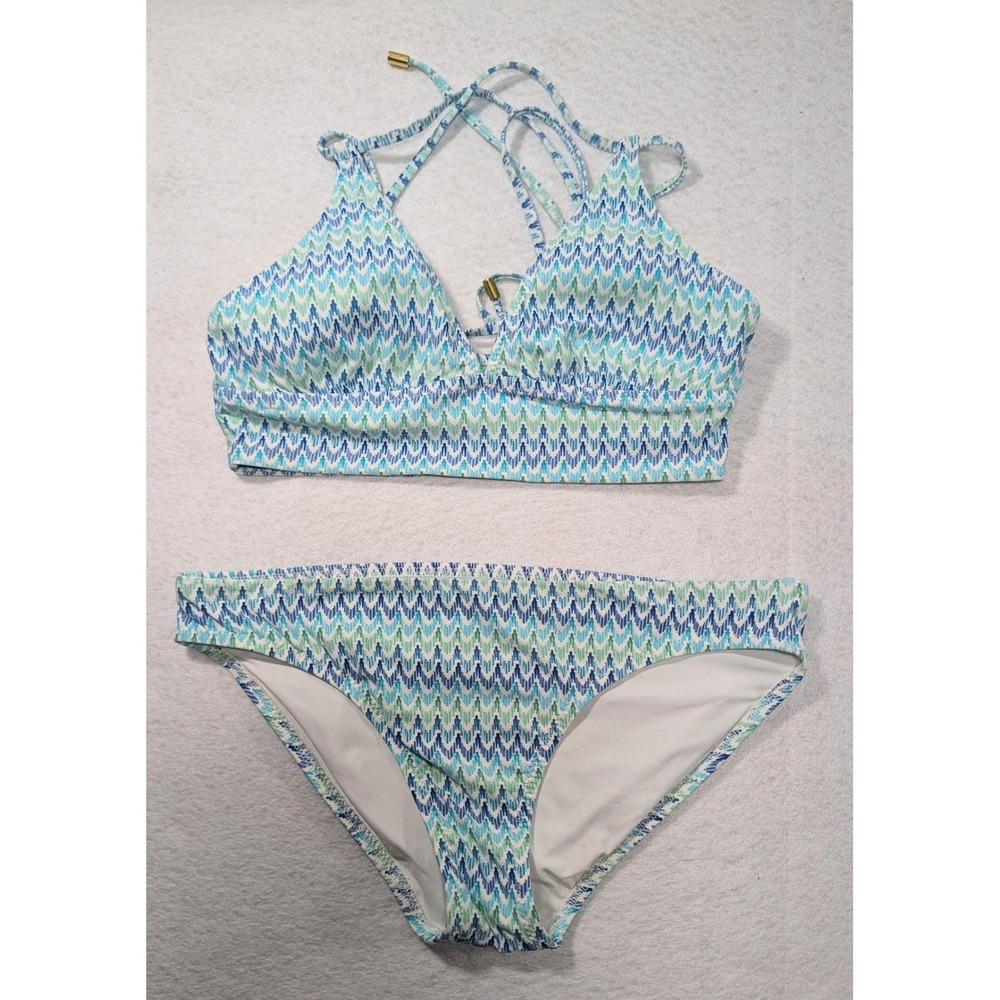 Helen Jon Blue Green Chevron Bikini Set Halter Top Small Hipster Bottom Medium